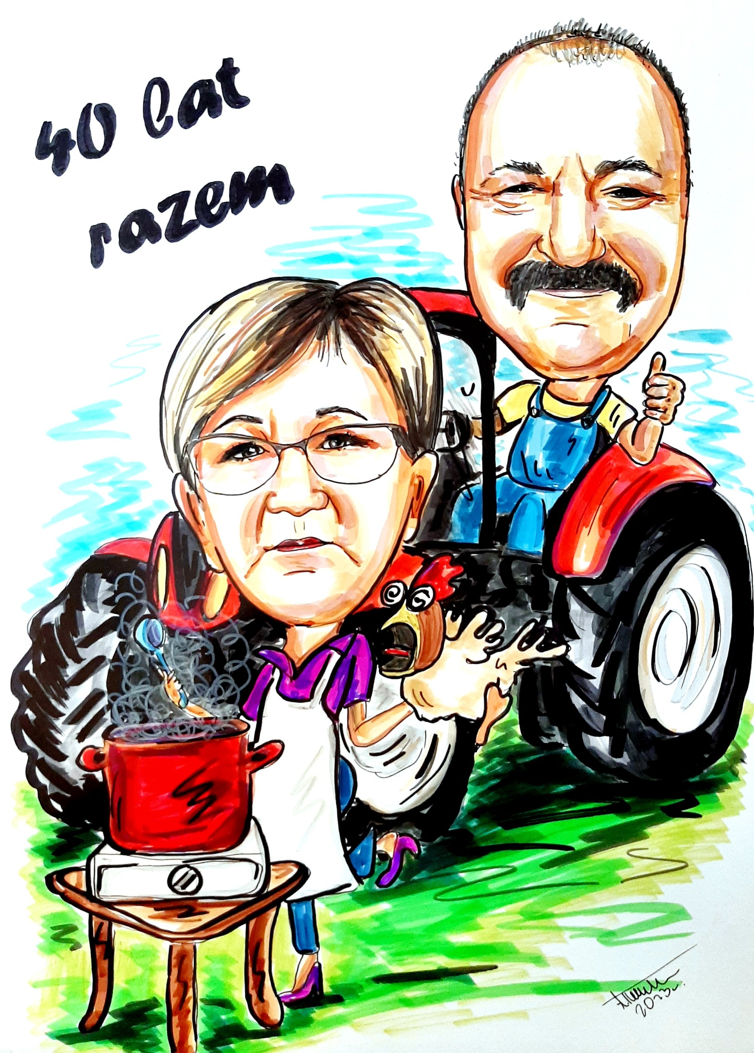 Ręcznie rysowany, kolorowy portret karykaturalny pary na tle traktora i gotującej się potrawy, z napisem '40 lat razem'.