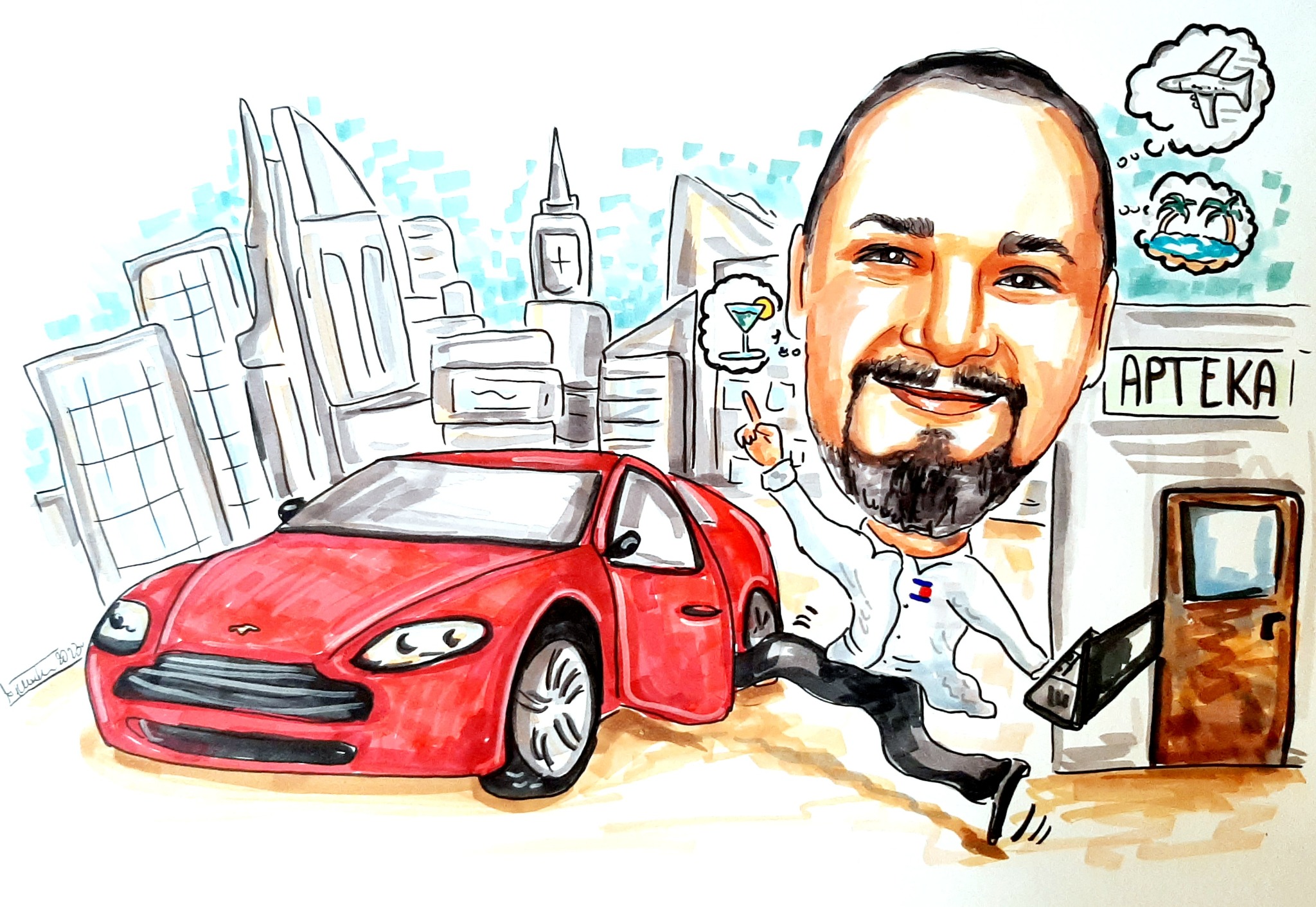 Kolorowy rysunek: mężczyzna z brodą, czerwony samochód, budynki miasta w tle, apteka. Styl karykaturalny, z elementami fantazji (myśli o wakacjach).