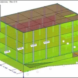 Izometryczny model 3D budynku z zaznaczonymi grubościami płyt w różnych kolorach i wymiarami, prezentowany z perspektywy inżynierskiej.
