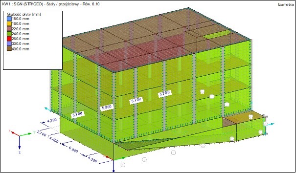 Izometryczny model 3D budynku z zaznaczonymi grubościami płyt w różnych kolorach i wymiarami, prezentowany z perspektywy inżynierskiej.