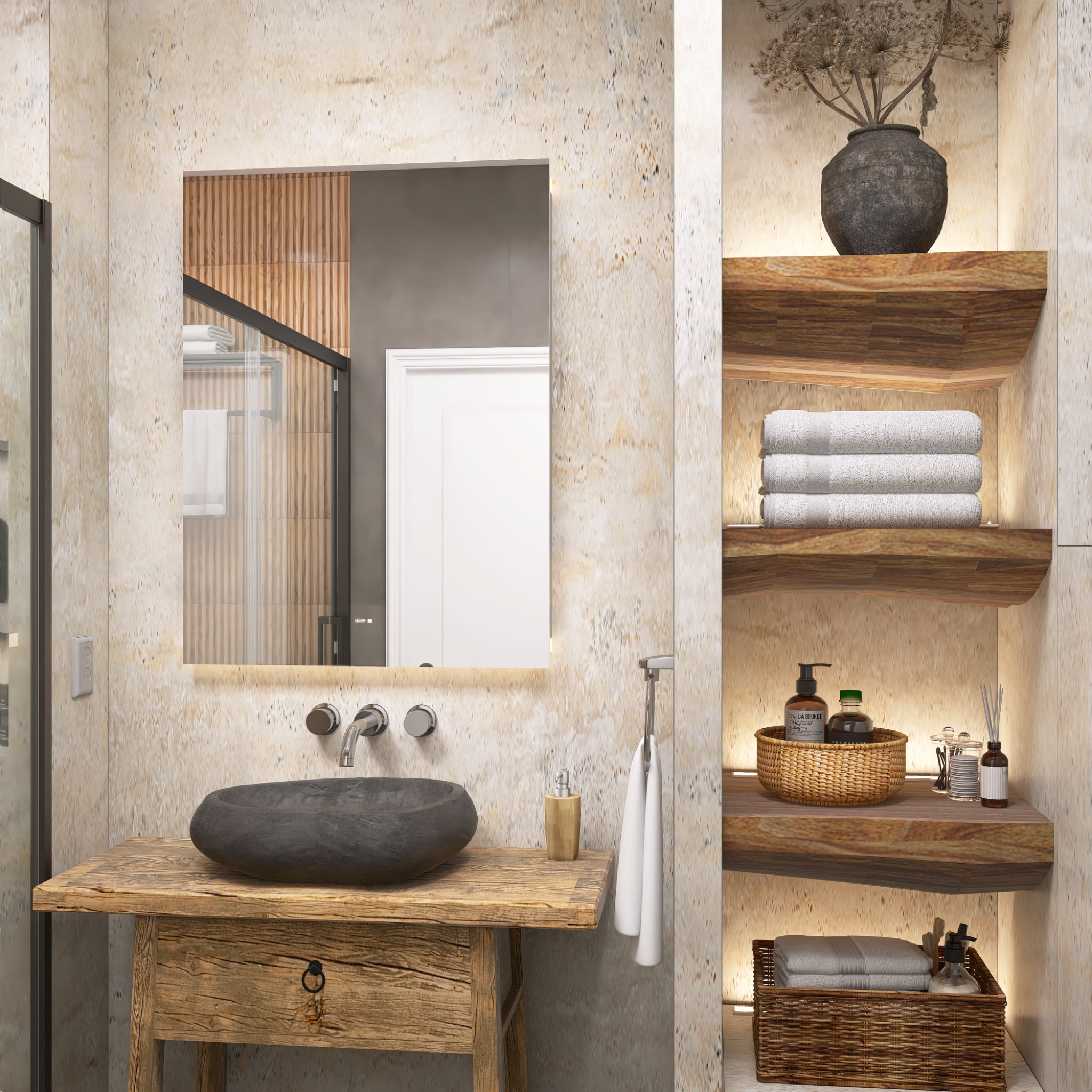 Stylowa łazienka z umywalką z kamienia na drewnianej konsoli, podświetlanym lustrem i półkami z dekoracjami. Elementy wystroju w stylu rustykalnym.