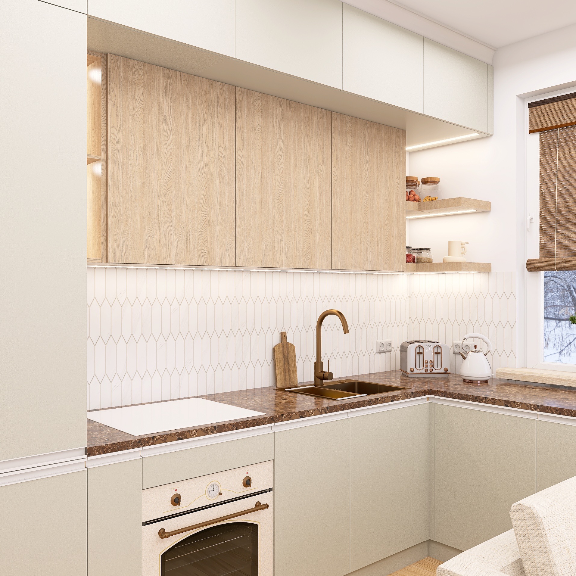 Nowoczesna kuchnia w beżach z drewnianymi akcentami: szafki, blat z brązowym wzorem marmuru, złota armatura, płytki w kształcie rombów i sprzęt AGD w stylu retro.