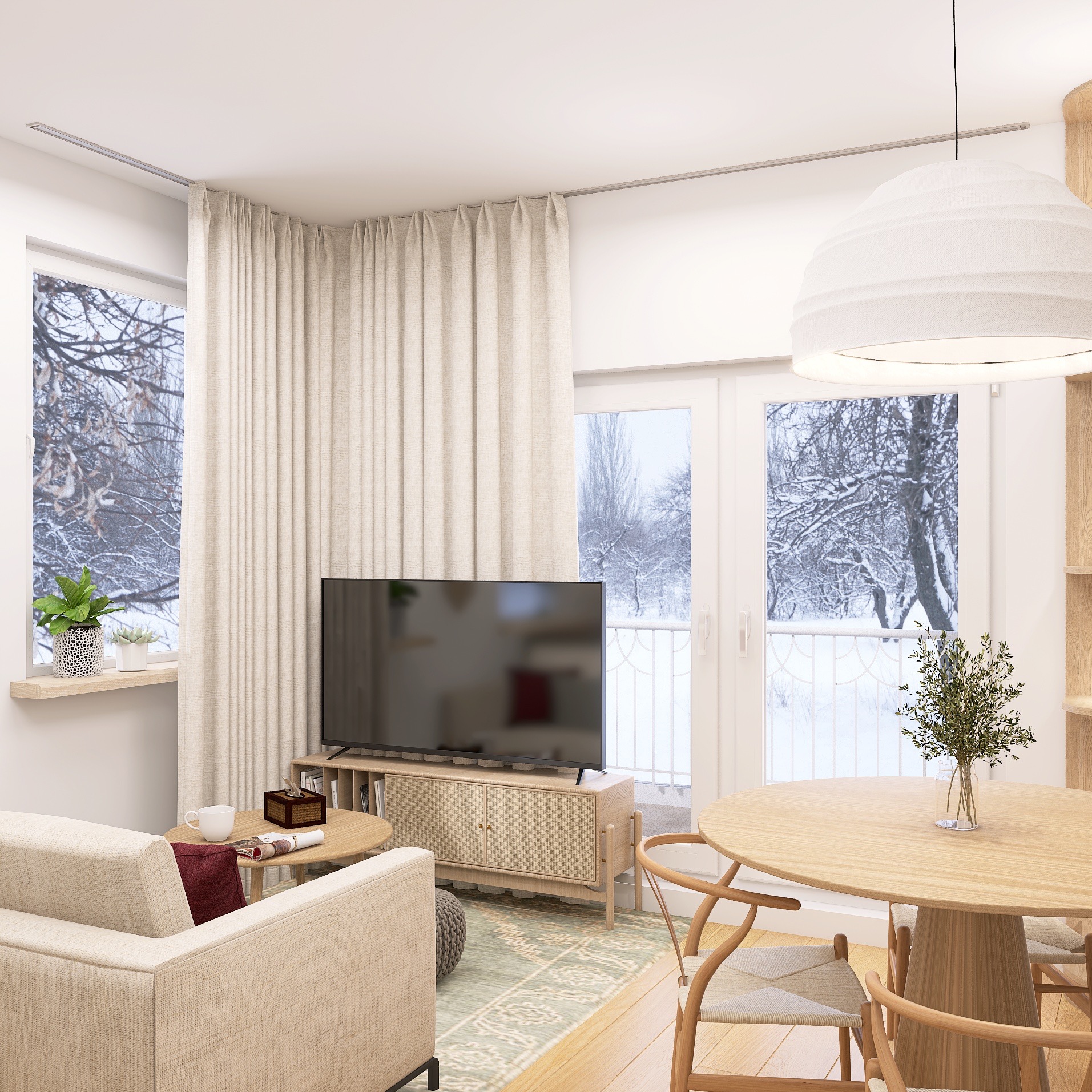 Jasne wnętrze salonu z drewnianym stołem, beżową sofą i telewizorem. Za oknem zimowy krajobraz. Minimalistyczny design, naturalne materiały, ciepłe oświetlenie.