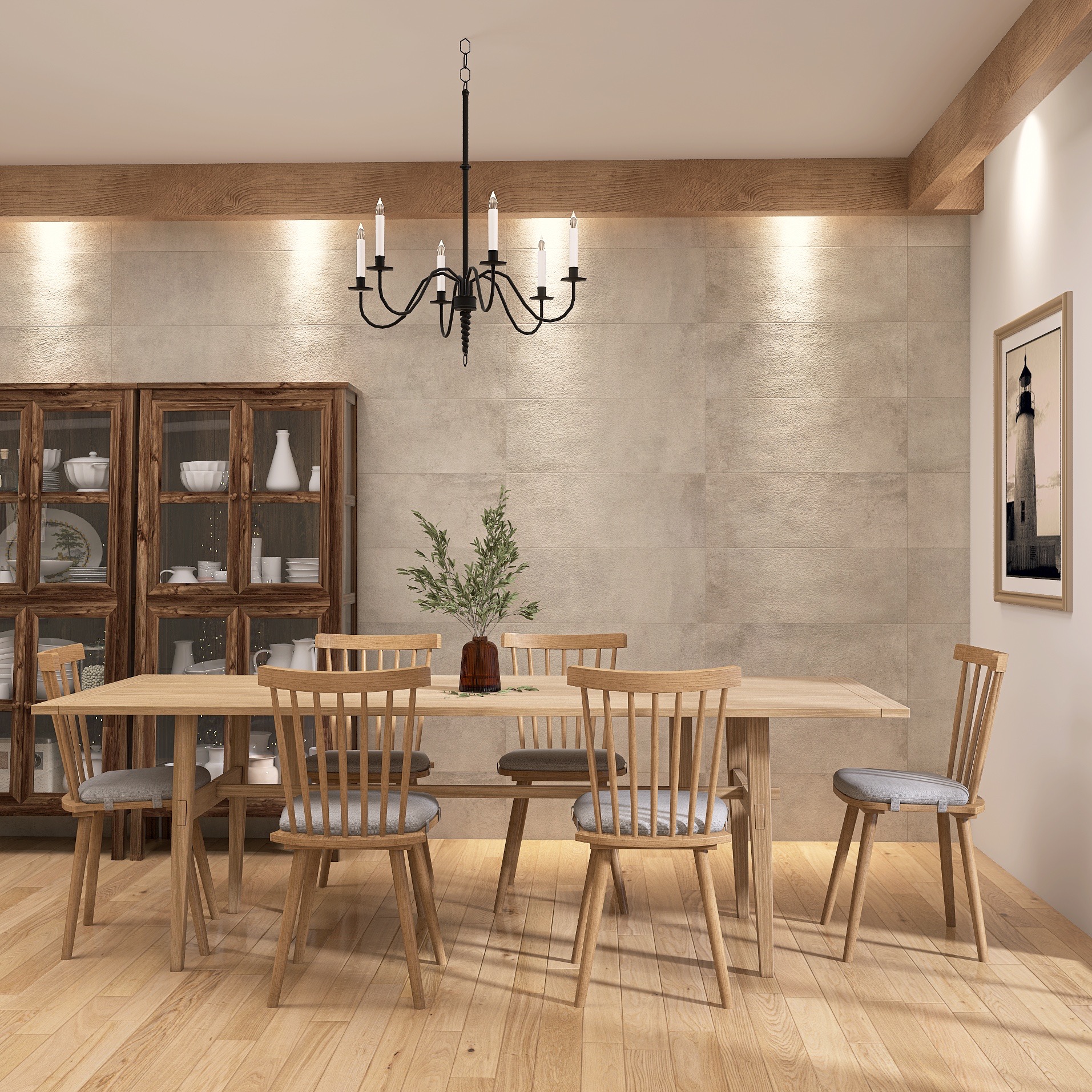 Jadalnia w stylu skandynawskim: stół z krzesłami, drewniana komoda z zastawą, czarny żyrandol. Ciepłe oświetlenie, beżowe płytki na ścianie, obraz w ramie.