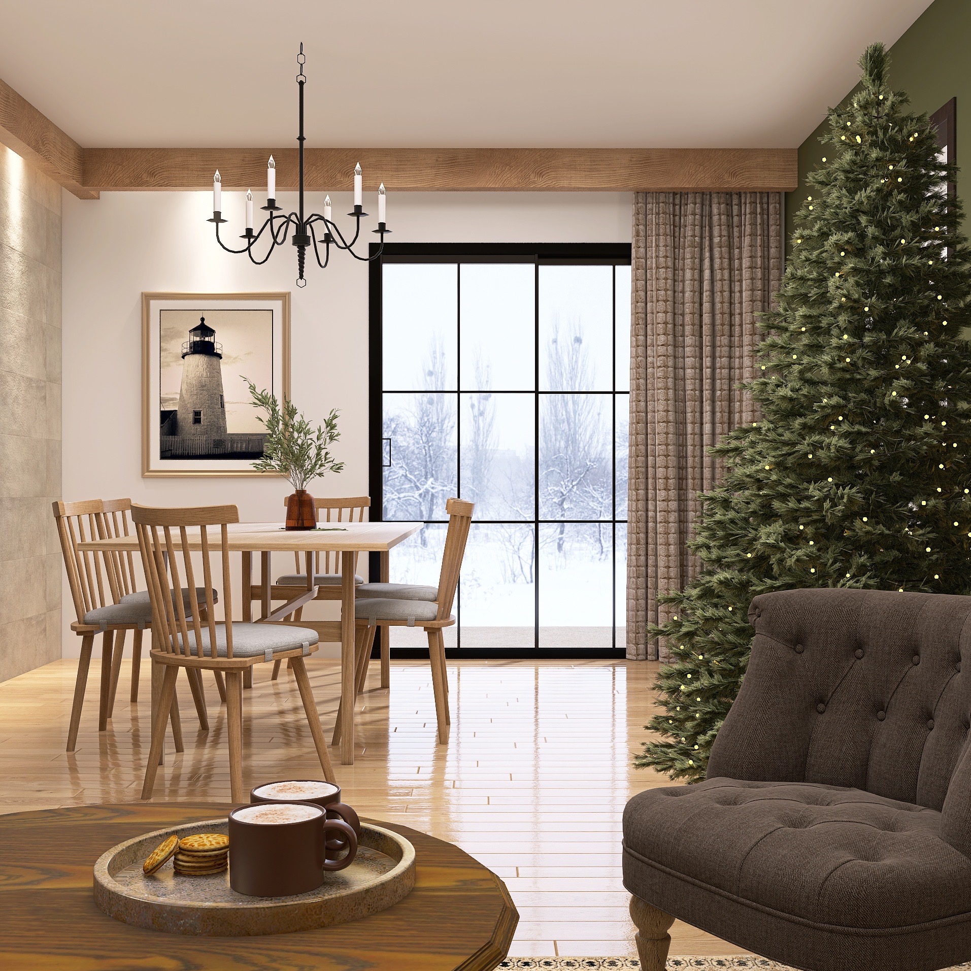 Świąteczna aranżacja jadalni z drewnianym stołem, krzesłami i widokiem na zimowy krajobraz za oknem. Na pierwszym planie stolik z napojami i przekąskami.