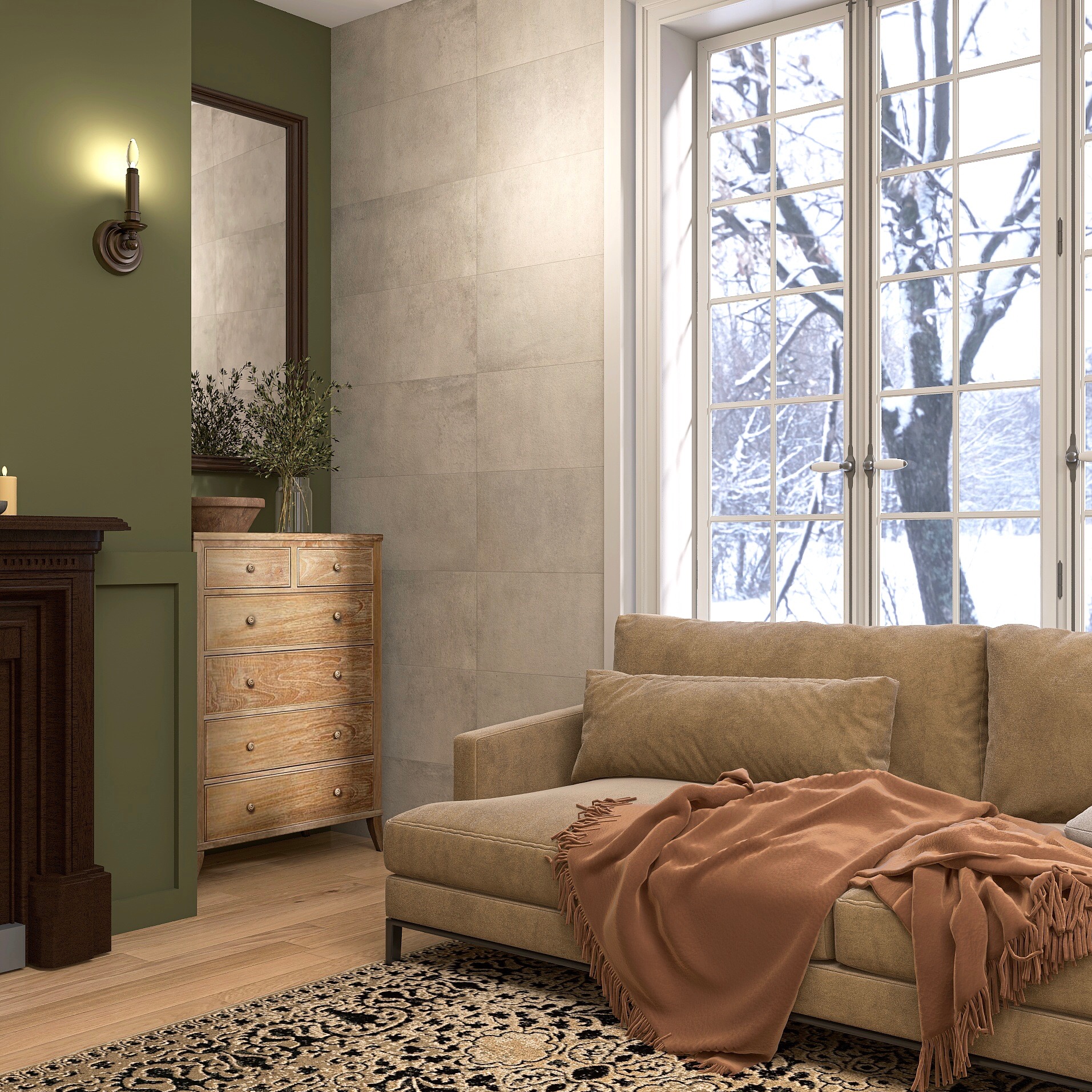 Stylowy salon z komodą, beżową sofą i widokiem na zimowy krajobraz za oknem. Ściana w odcieniach szarości, drewniana podłoga i dywan z orientalnym wzorem.