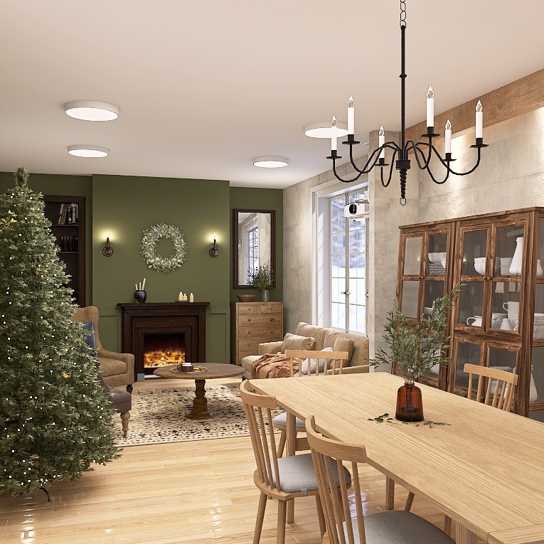 Przytulny salon z kominkiem i choinką, oświetlony żyrandolem. Wnętrze w ciepłych barwach z drewnianymi meblami i dekoracjami świątecznymi.