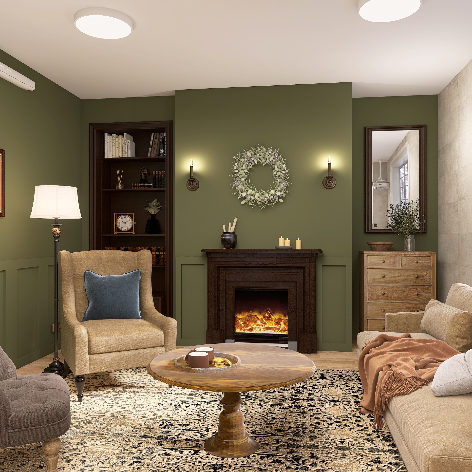 Salon z kominkiem elektrycznym, zielonymi ścianami i dekoracjami: wieniec, świeczniki, lustro. Wnętrze do relaksu z beżową sofą i fotelami.