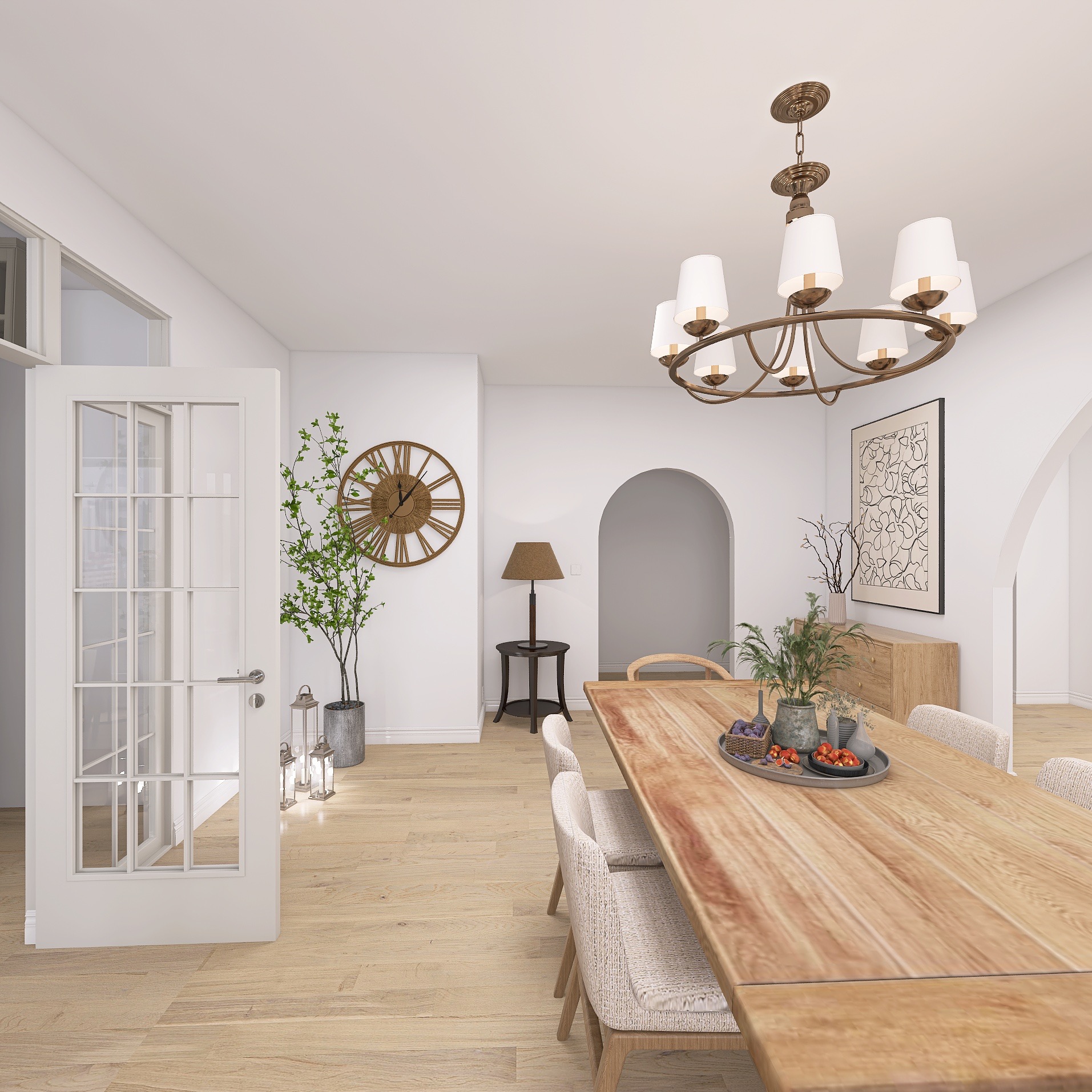 Jasne wnętrze jadalni z drewnianym stołem, krzesłami w neutralnych barwach i dekoracyjnym oświetleniem. Na ścianie zegar i grafika. W tle widoczny łuk.