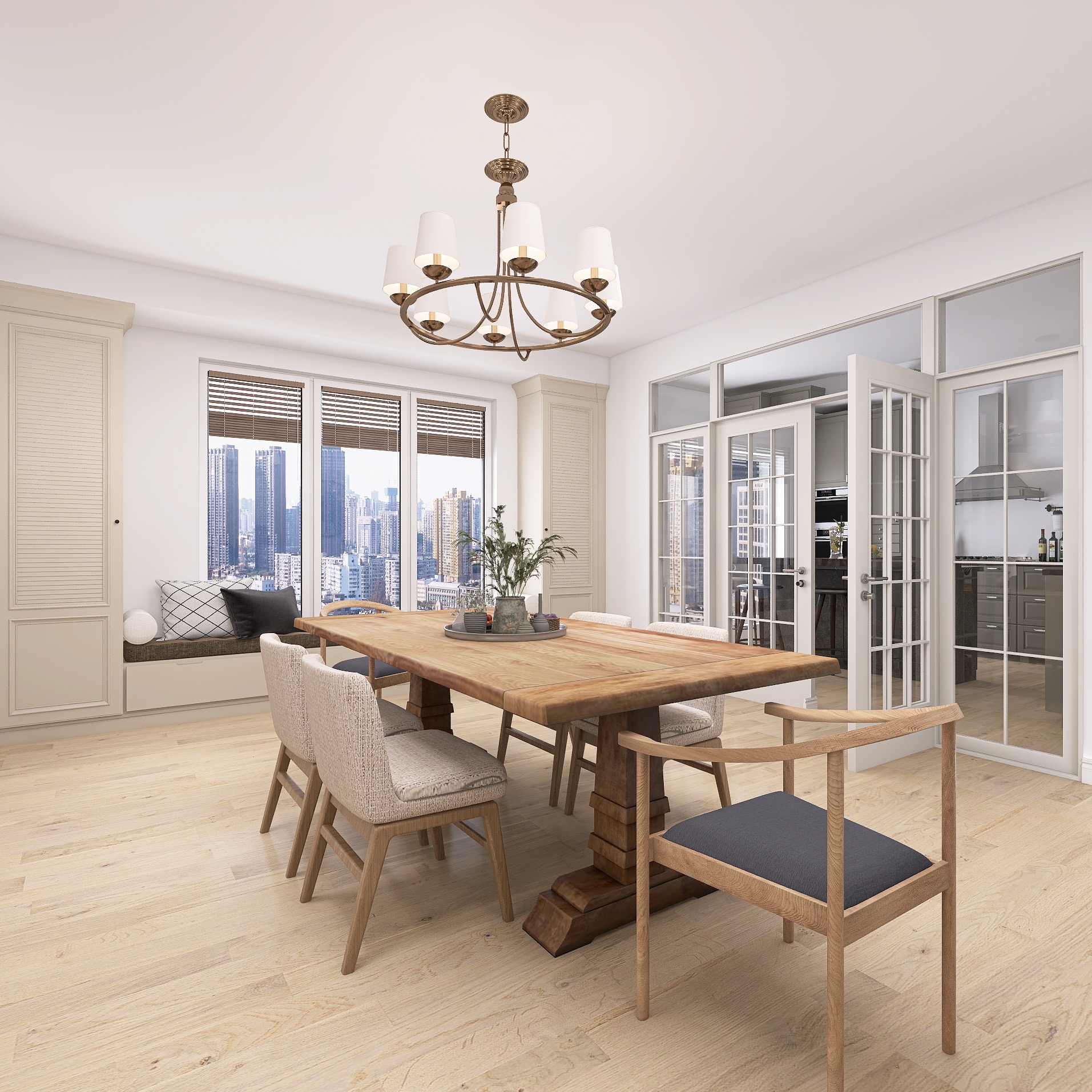 Jasna jadalnia z drewnianym stołem, krzesłami i widokiem na miasto przez okno. Lampa wisząca nad stołem. Przeszklone drzwi prowadzą do kuchni.