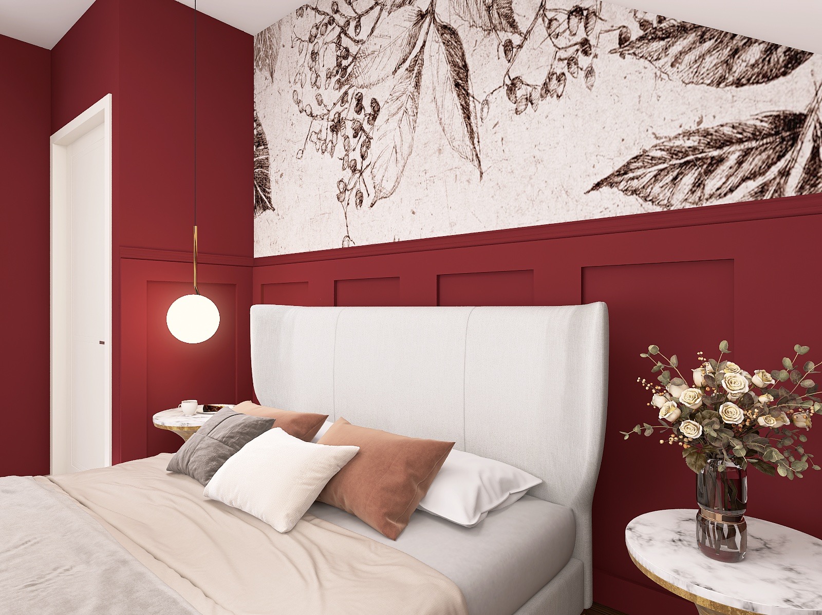 Nowoczesna sypialnia z białym łóżkiem, czerwonymi ścianami z panelami i botanicznym motywem na górze. Stoliki nocne z marmurowym blatem i kwiatami.
