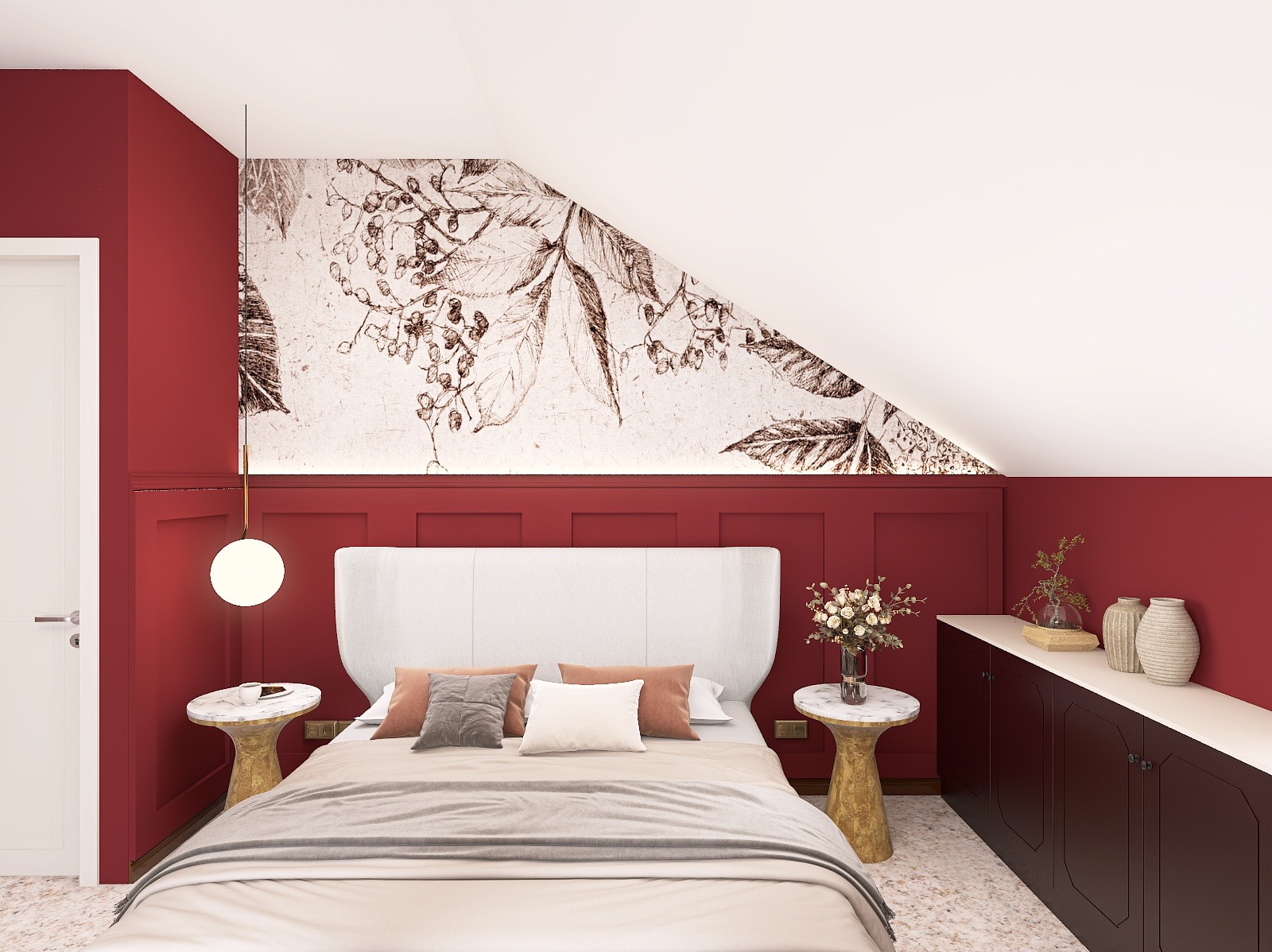 Czerwona sypialnia na poddaszu z łóżkiem, stolikami nocnymi i szafką. Na ścianie grafika z motywem roślinnym. Oświetlenie punktowe z kulistym kloszem.