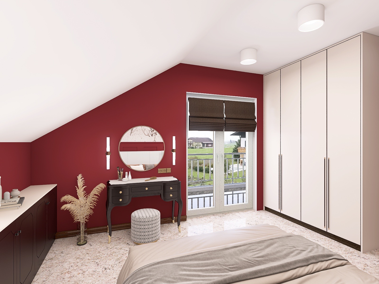 Sypialnia na poddaszu z toaletką w stylu retro, okrągłym lustrem i dużym oknem balkonowym z roletami. Czerwona ściana kontrastuje z białymi meblami.