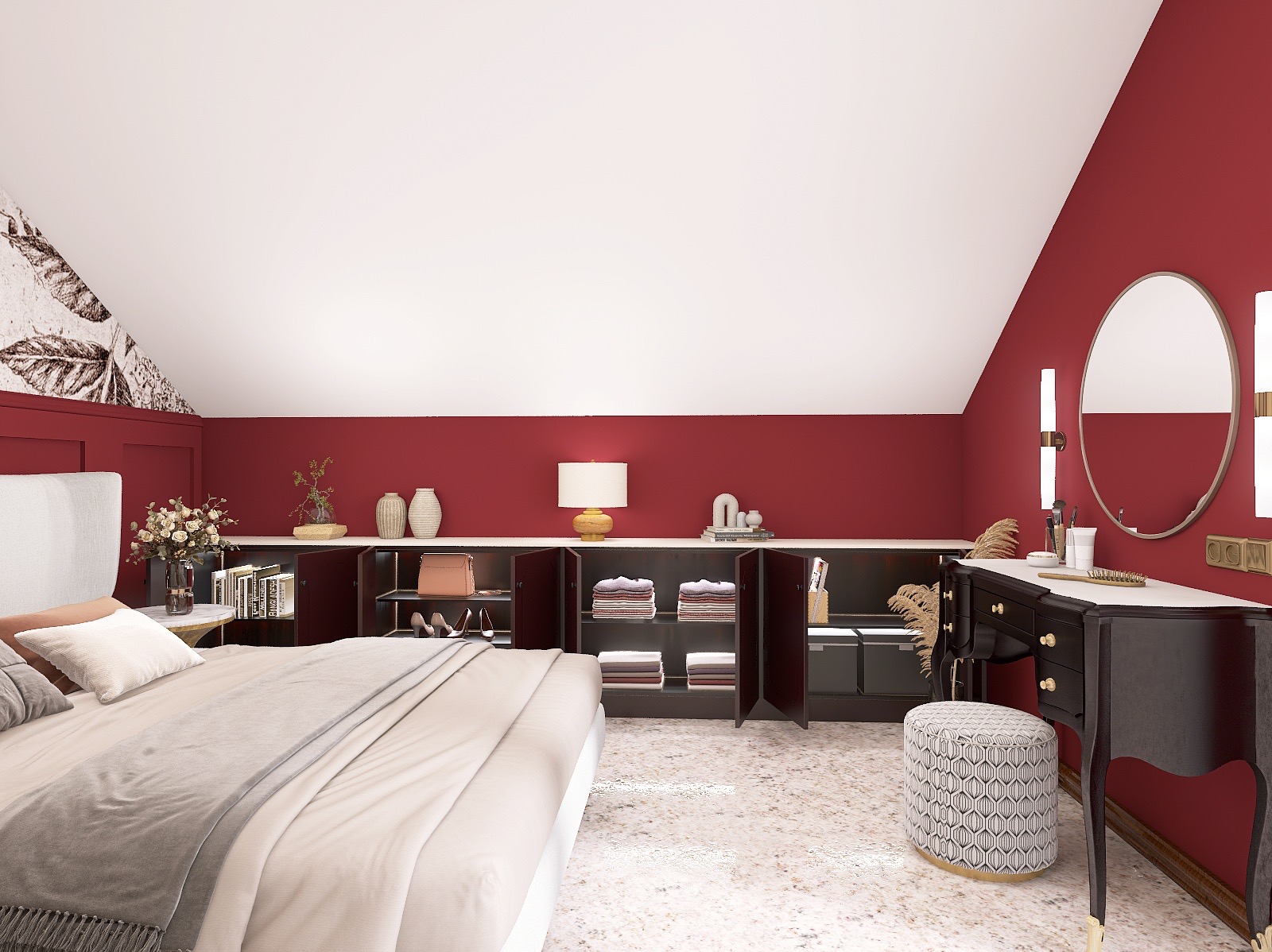 Sypialnia na poddaszu w odcieniach czerwieni: łóżko, toaletka z lustrem i szafa w zabudowie. Widoczne detale jak lampa, kwiaty i dekoracje. Przytulne i stylowe wnętrze.