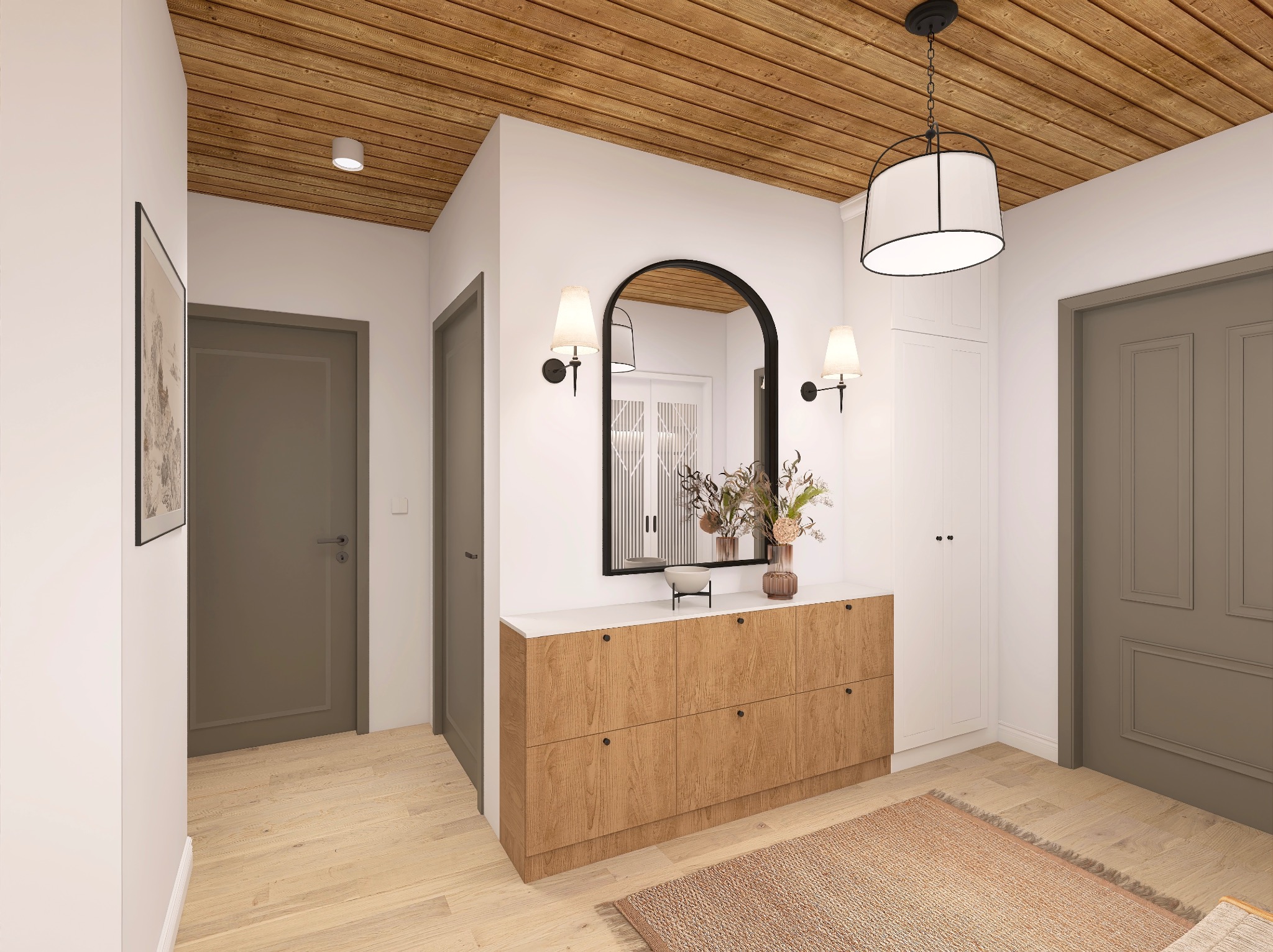 Aranżacja przedpokoju: drewniany sufit, szafka z blatem, lustro w czarnej ramie, lampy ścienne, dywan, drzwi w odcieniach szarości. Przytulne, ciepłe oświetlenie.