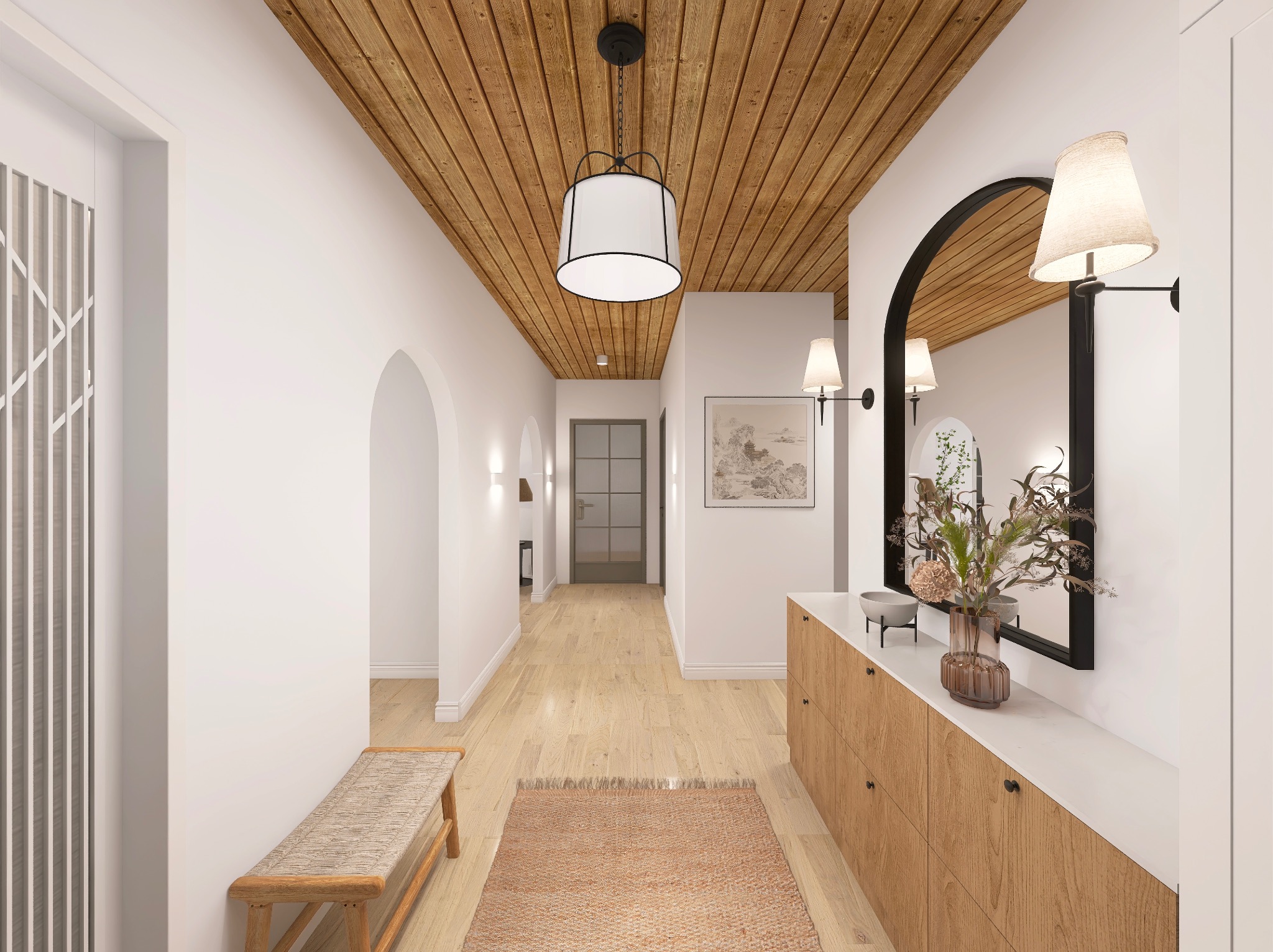 Stylowy hol z drewnianym sufitem i ławką we Wrześni. Lustro w czarnej ramie i komoda z drewnianymi frontami. Oświetlenie punktowe i wisząca lampa.