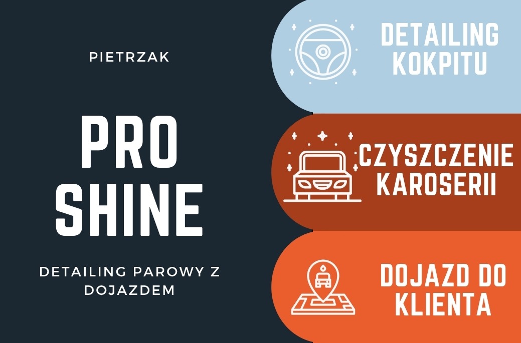 Grafika reklamowa: detailing kokpitu, czyszczenie karoserii, dojazd do klienta, detailing parowy z dojazdem, logo 'Pro Shine' i nazwa firmy 'Pietrzak'.
