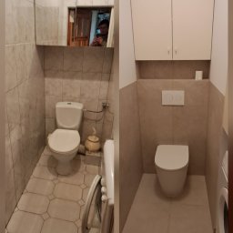 Reno Home Mariusz Presch - Porównanie łazienki przed i po remoncie: po lewej starsze płytki i wyposażenie, po prawej nowoczesna toaleta z zabudową i nową glazurą w odcieniach beżu.