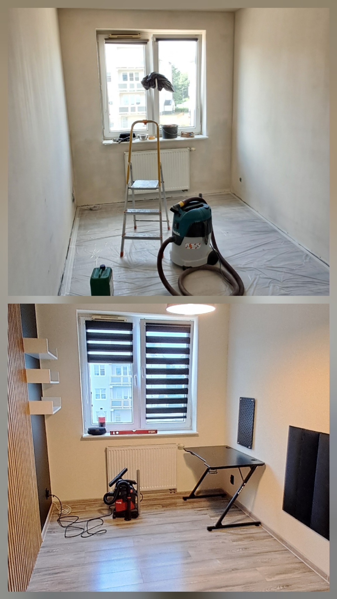 Remont pokoju w Szczecinie: ujęcie 'przed' z drabiną i odkurzaczem, 'po' z biurkiem, panelami ściennymi i roletami. Widok na okno.