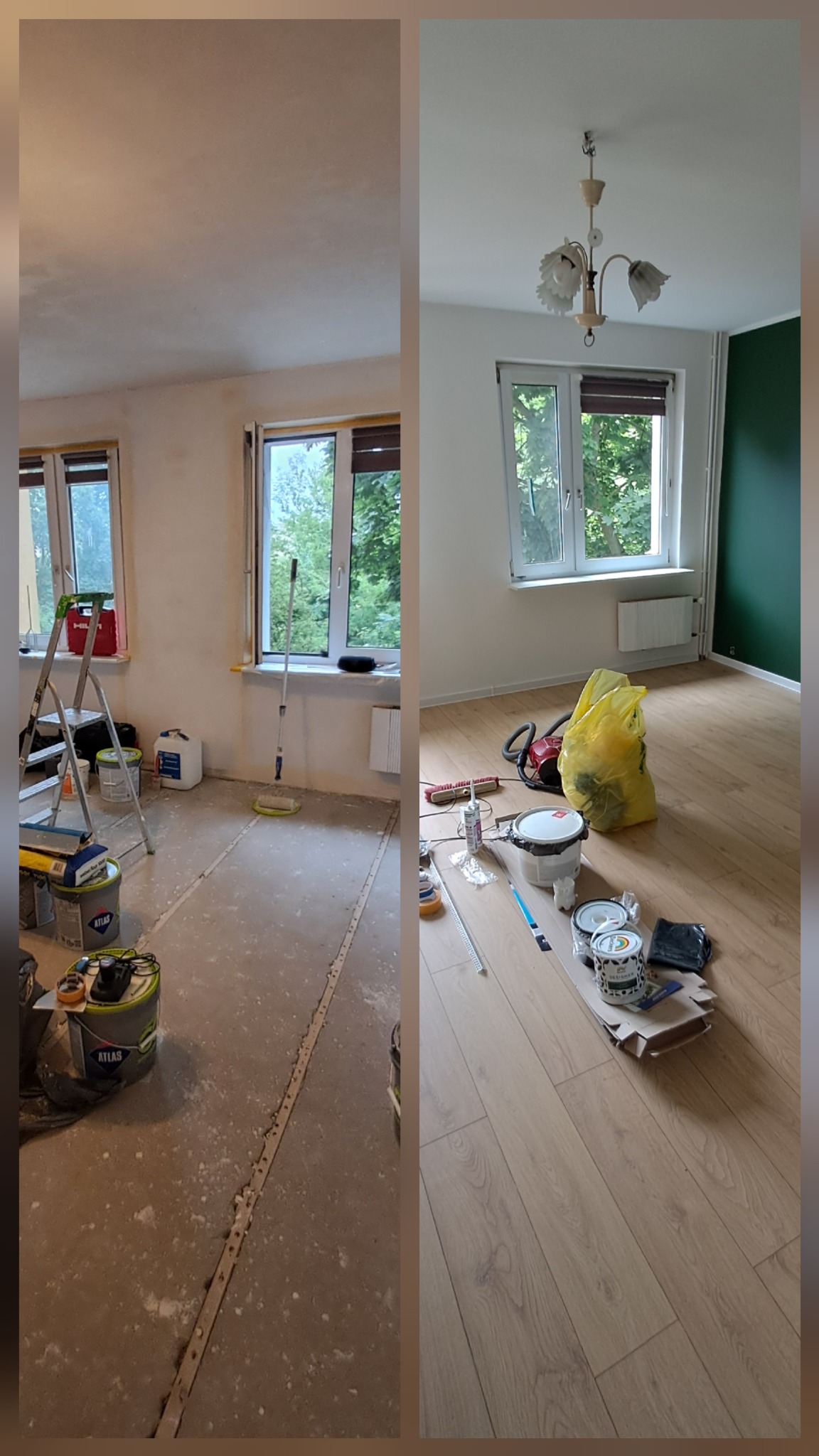Zdjęcie 'przed i po' malowania pokoju: surowe ściany i podłoga vs. świeżo pomalowane ściany (białe i zielone) oraz panele podłogowe. Widoczne narzędzia malarskie.