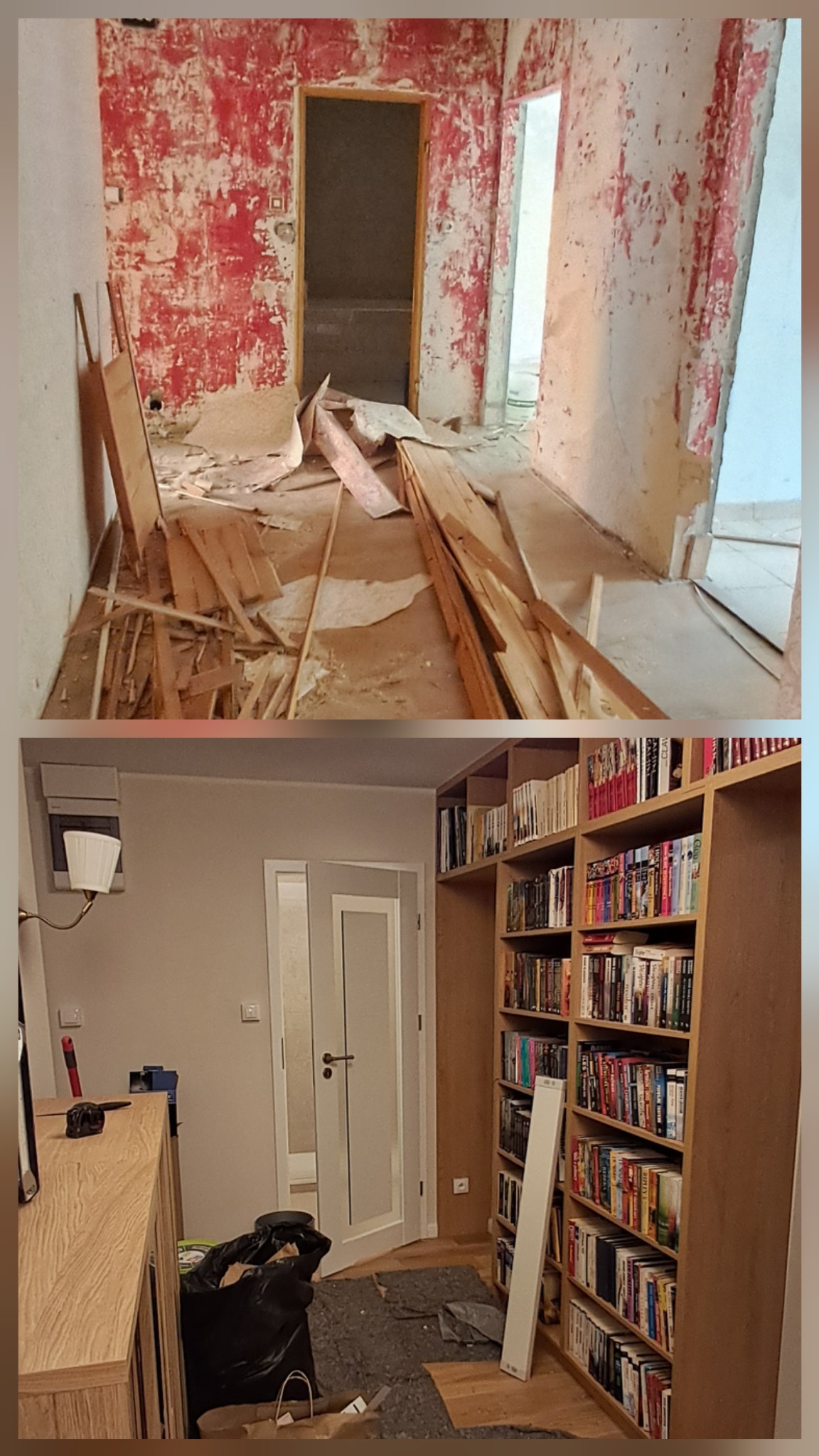 Remont pokoju: ujęcie 'przed' z resztkami farby i gruzem, oraz 'po' z odnowionym wnętrzem, regałem z książkami i nową podłogą. Widoczne ślady po remoncie.