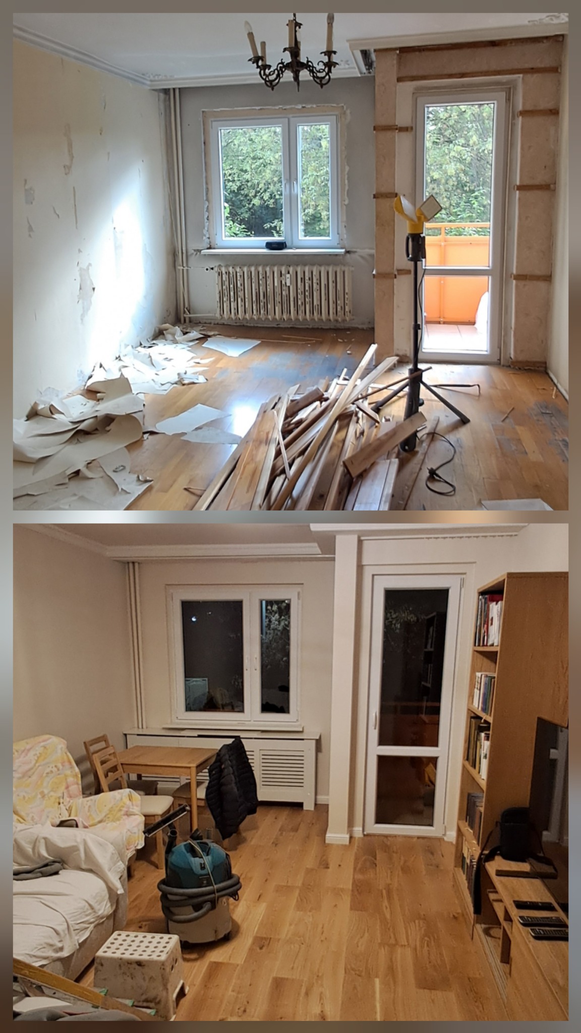 Zdjęcie 'przed i po' remontu pokoju: zdarta tapeta i stare panele vs. świeżo pomalowane ściany i nowe panele podłogowe. Widoczne okno i drzwi balkonowe.