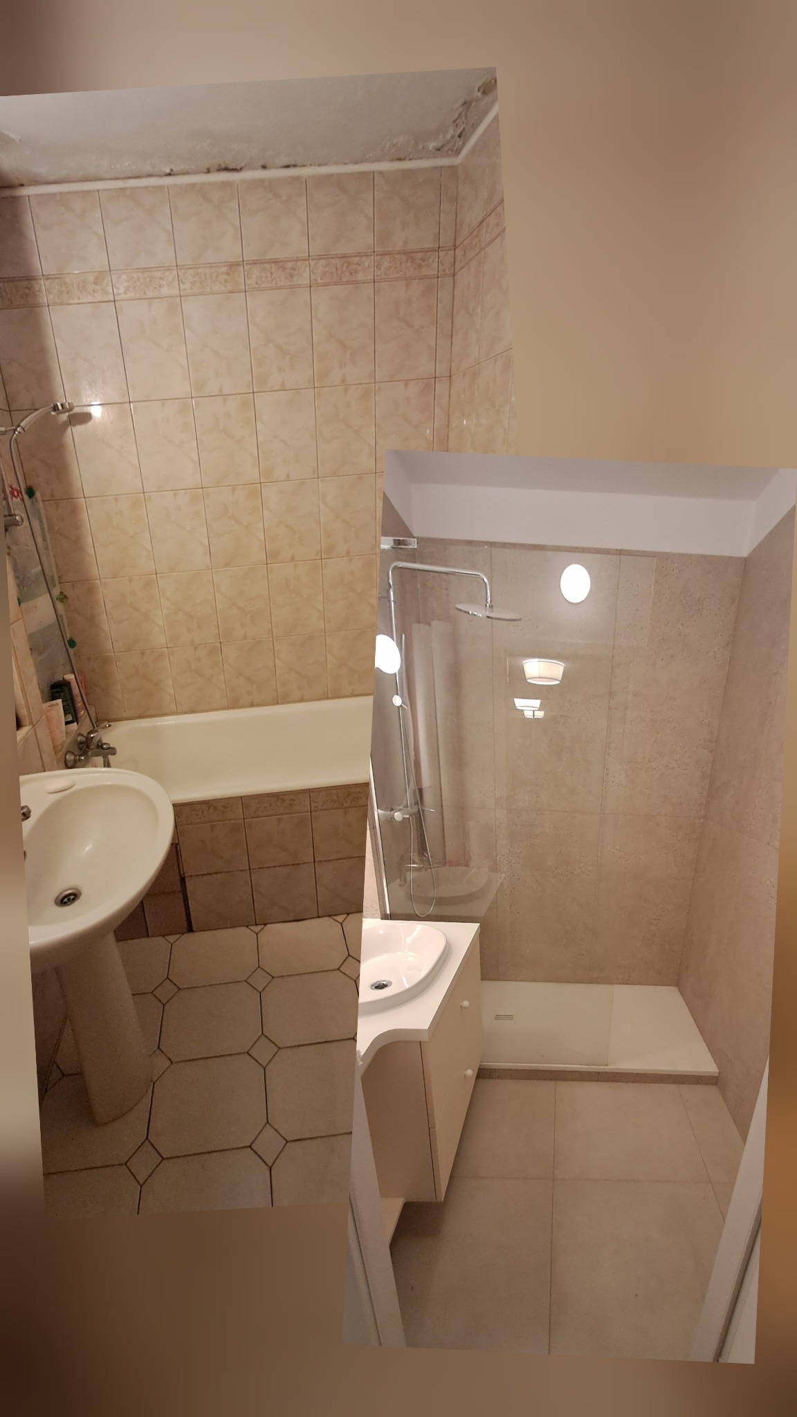 Remont łazienki: kolaż 'przed' z widocznym uszkodzonym sufitem i 'po' z nową kabiną prysznicową, umywalką z szafką i odnowionymi płytkami podłogowymi.