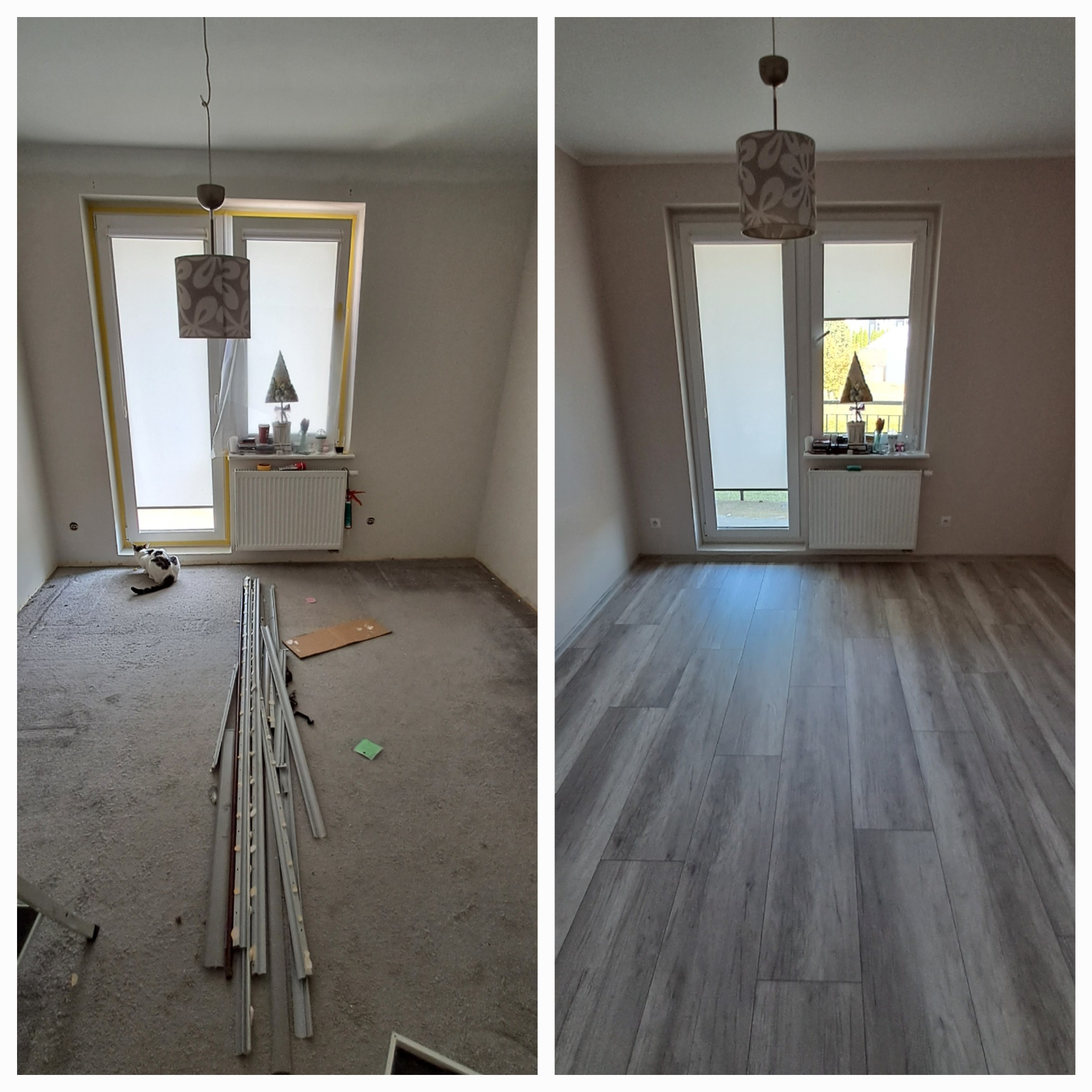 Zdjęcie 'przed i po' prezentujące pokój: po lewej surowy beton, po prawej ułożone panele podłogowe w odcieniach szarości. Widoczne listwy przypodłogowe.