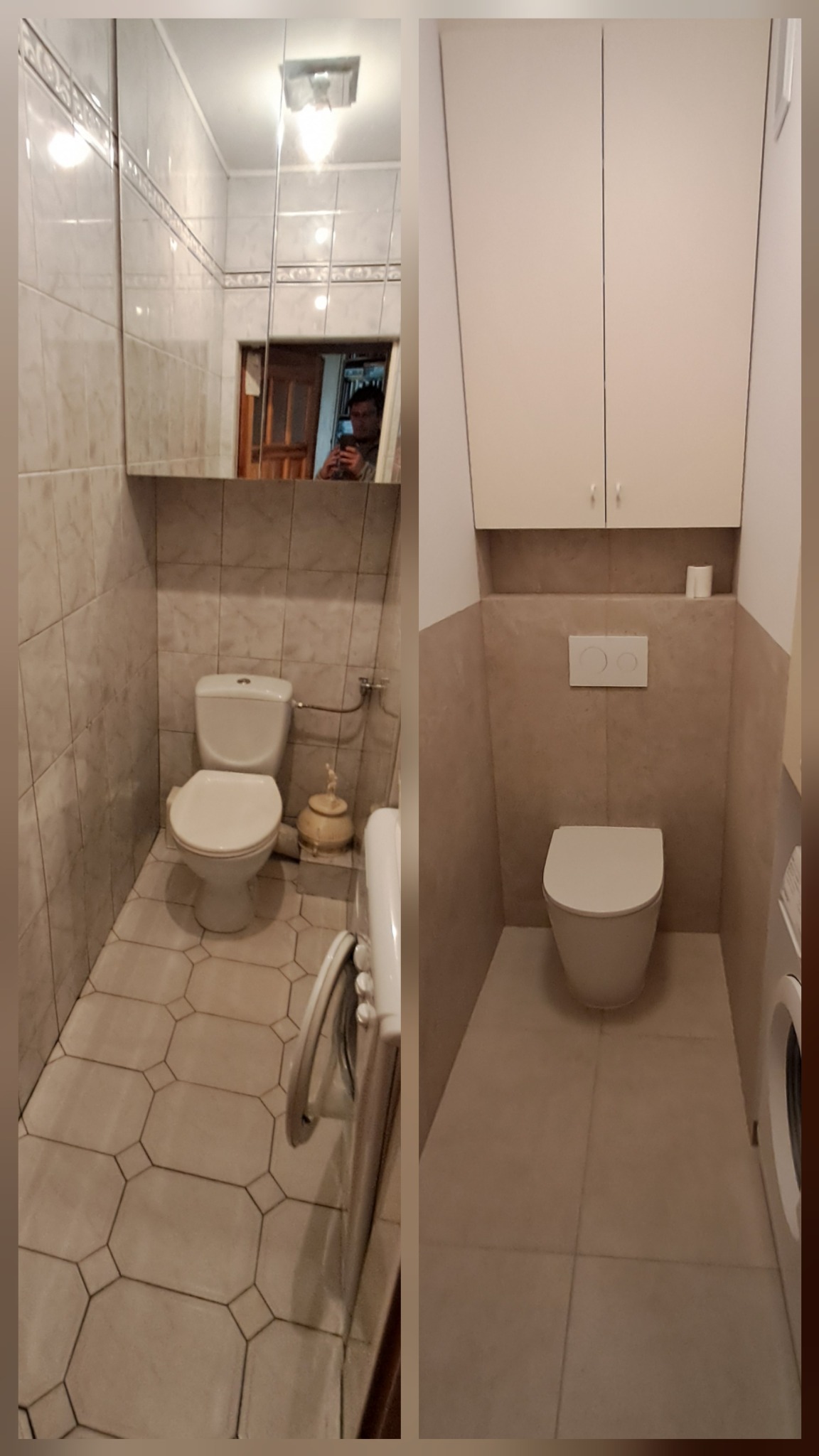 Porównanie łazienki przed i po remoncie: po lewej starsze płytki i wyposażenie, po prawej nowoczesna toaleta z zabudową i nową glazurą w odcieniach beżu.