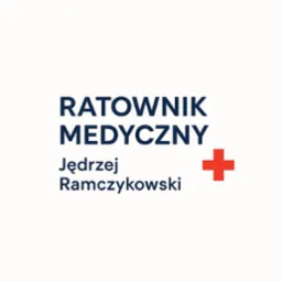 Grafika z napisem 'Ratownik Medyczny' i imieniem Jędrzej Ramczykowski, obok czerwony krzyż na białym tle. Minimalistyczny design.