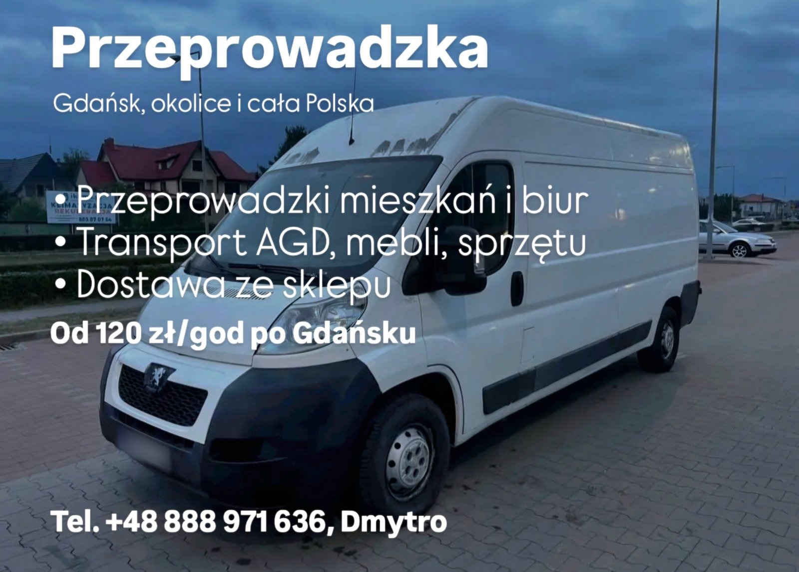 Biały samochód dostawczy z ofertą: Przeprowadzki mieszkań i biur, transport AGD, mebli, sprzętu, dostawa ze sklepu. Usługi w Gdańsku i okolicach. Kontakt telefoniczny.