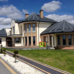 Elewacja dwukondygnacyjnego domu z szarą dachówką, beżowymi ścianami i ceglaną wstawką, otoczonego zielenią i ozdobnym chodnikiem z kostki brukowej.