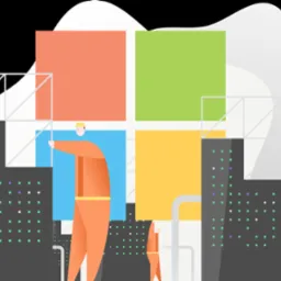 Ilustracja przedstawia abstrakcyjną integrację systemów IT z motywem miejskim i postaciami w kombinezonach, symbolizującymi wdrażanie rozwiązań.