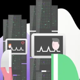 Graficzna ilustracja serwerowni z monitorami wyświetlającymi wykresy aktywności użytkowników, stylizowana na płaski design z pastelową kolorystyką.