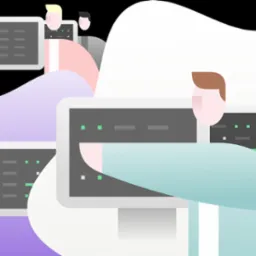 Ilustracja przedstawia zespół programistów pracujących nad kodem na monitorach. Grafika w stylu flat design, z uproszczonymi postaciami i elementami interfejsu.