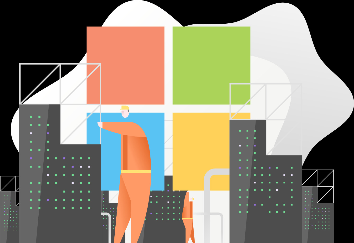 Ilustracja przedstawia abstrakcyjną integrację systemów IT z motywem miejskim i postaciami w kombinezonach, symbolizującymi wdrażanie rozwiązań.