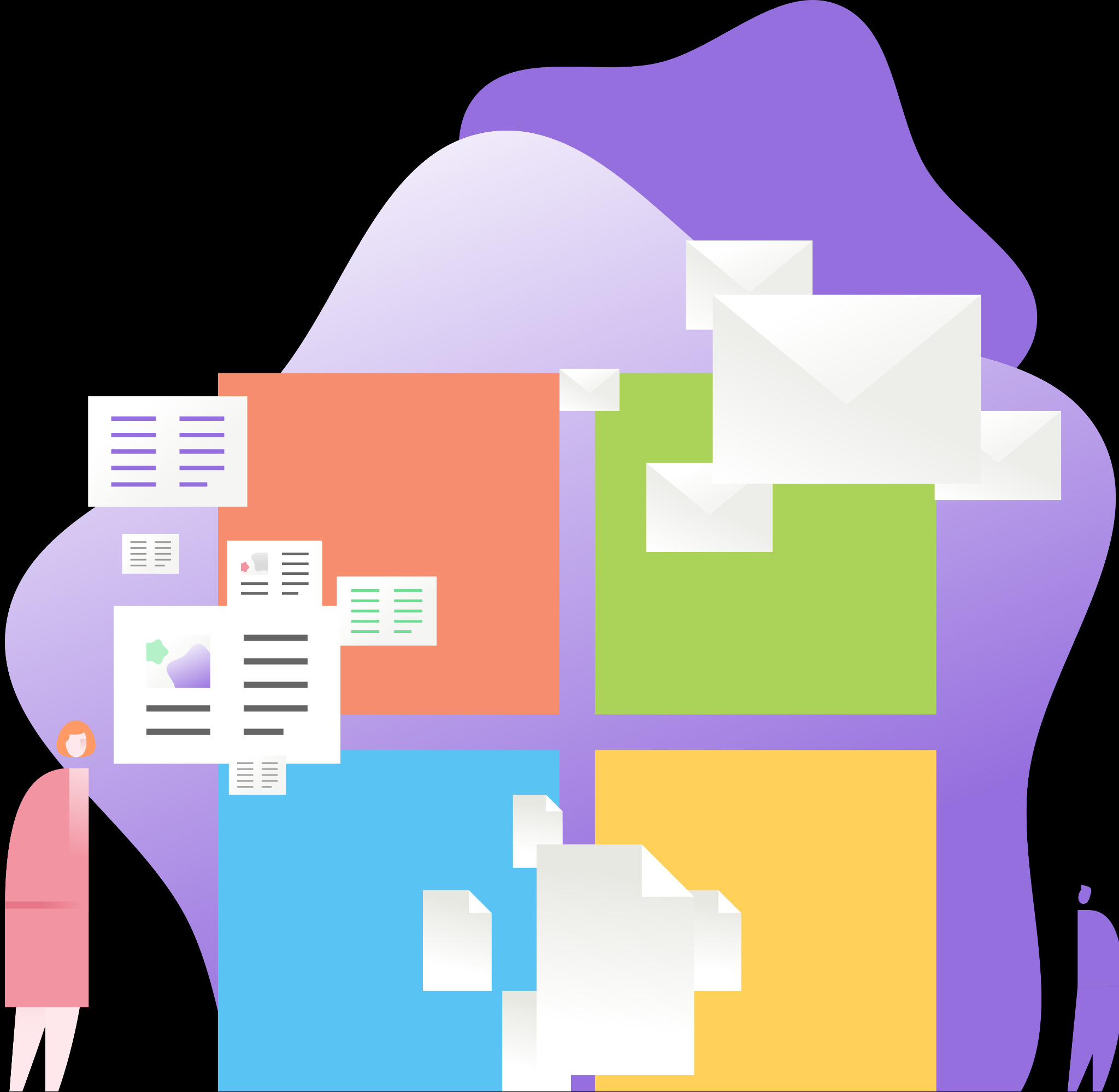 Ilustracja przedstawia abstrakcyjną wizualizację zarządzania dokumentami i komunikacji, z postaciami i elementami biurowymi na kolorowym tle.