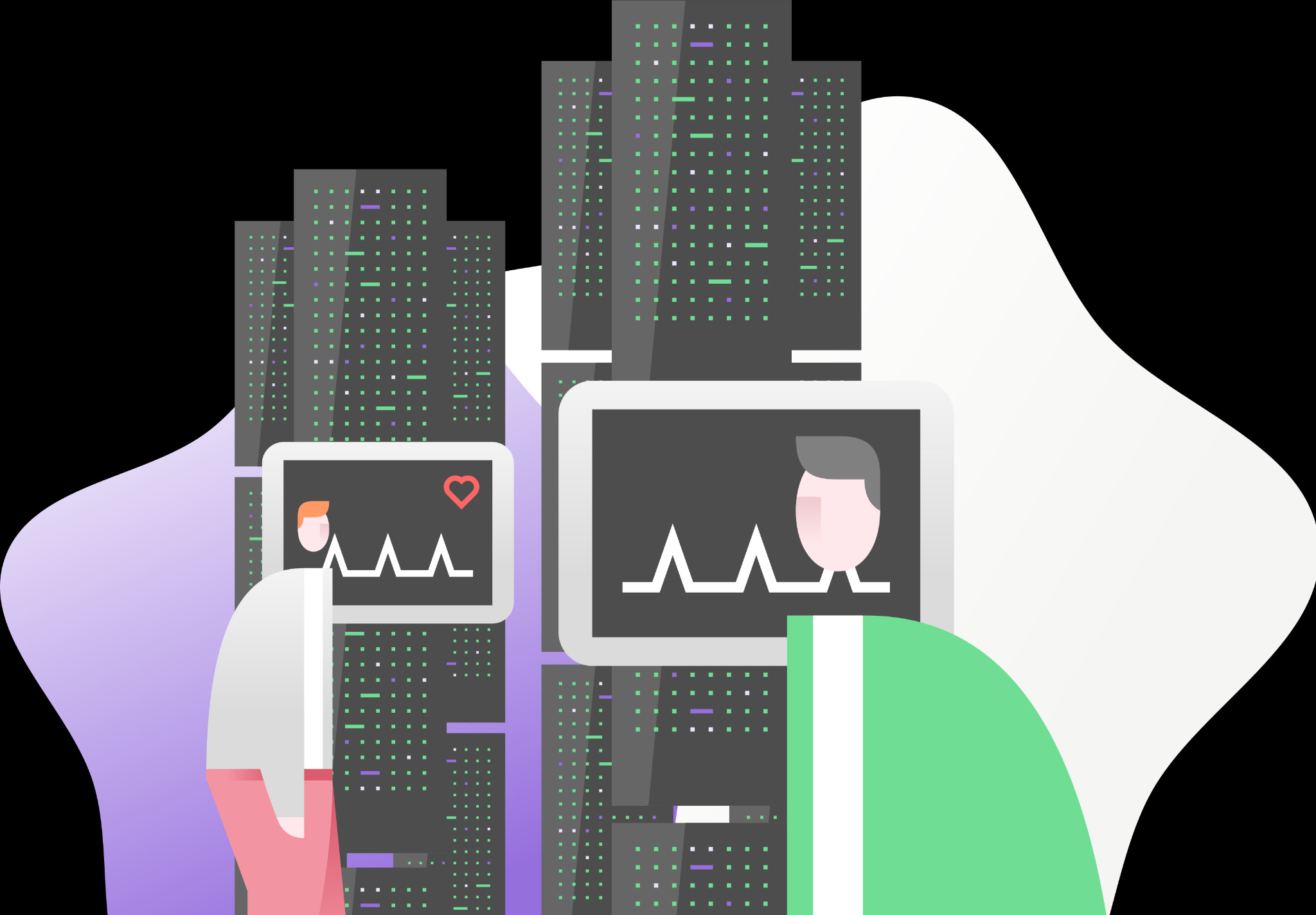 Graficzna ilustracja serwerowni z monitorami wyświetlającymi wykresy aktywności użytkowników, stylizowana na płaski design z pastelową kolorystyką.