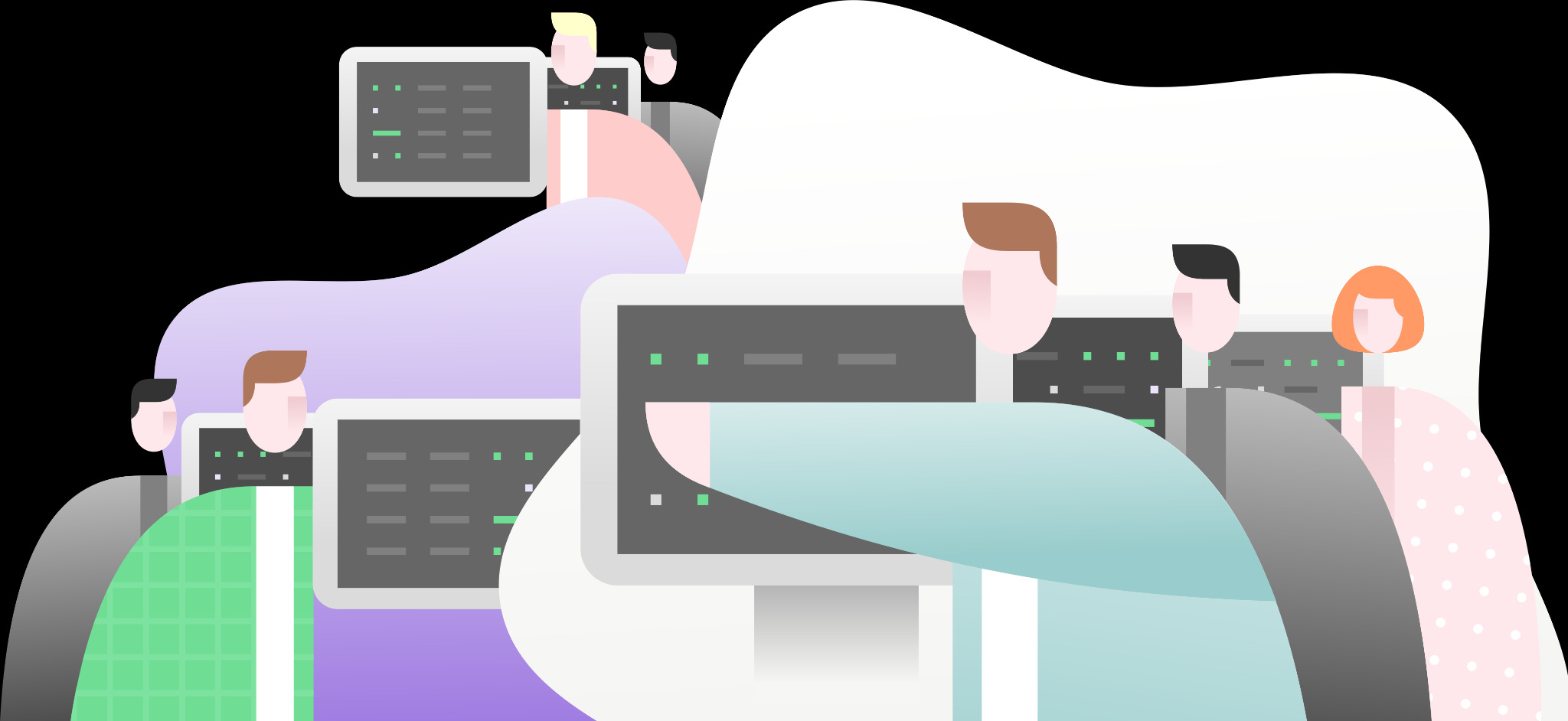 Ilustracja przedstawia zespół programistów pracujących nad kodem na monitorach. Grafika w stylu flat design, z uproszczonymi postaciami i elementami interfejsu.