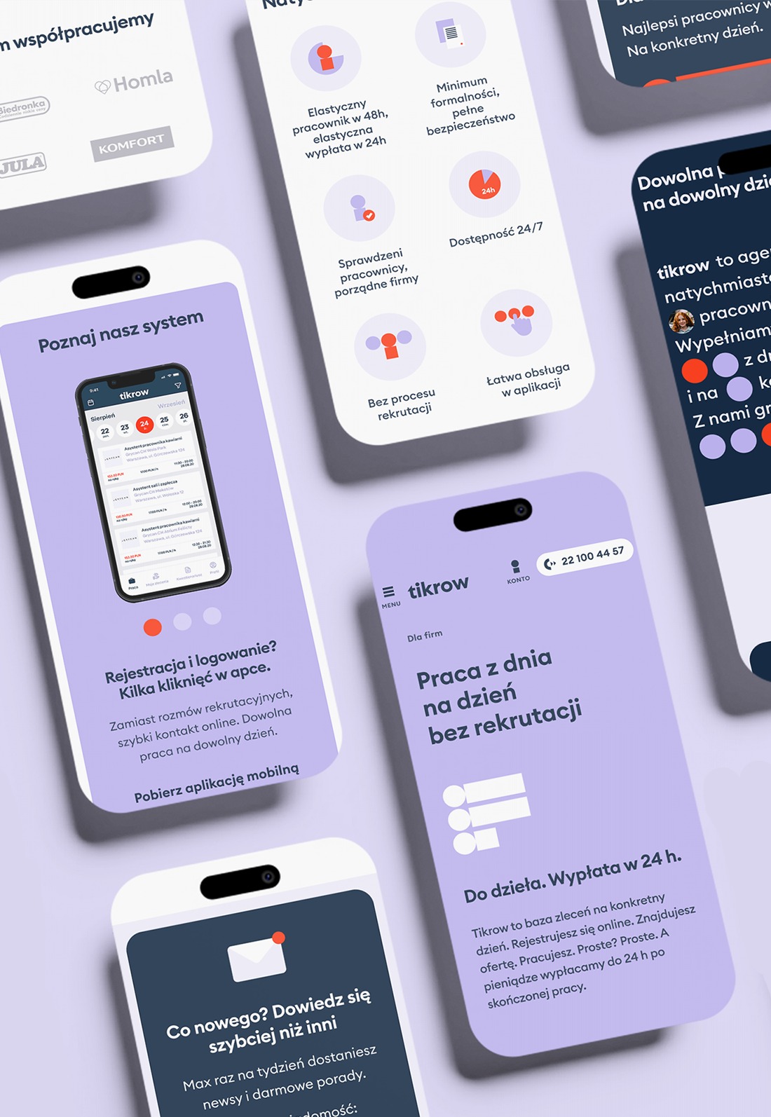 Aplikacja Tikrow na smartfonach, prezentująca platformę do pracy dorywczej: rejestracja, elastyczność, dostępność 24/7, szybka wypłata, praca bez rekrutacji.