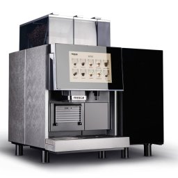 AS Serwis Adrian Czerwonka - Profesjonalny ekspres do kawy Fresco z dotykowym ekranem i zasobnikiem na ziarna, na białym tle. Metalowa obudowa, widoczne menu napojów.