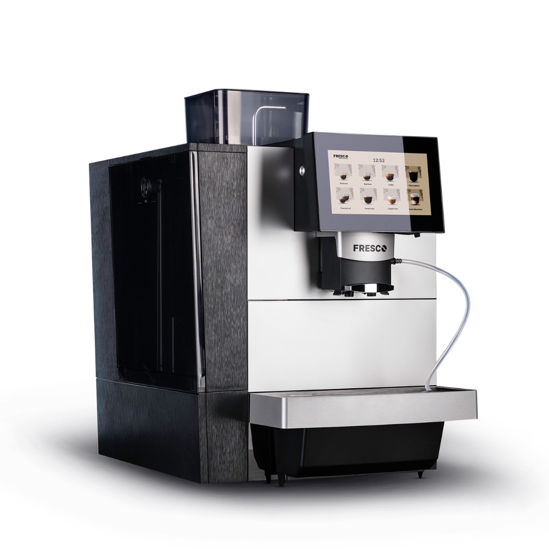Profesjonalny ekspres do kawy Fresco z dotykowym ekranem, widoczne menu napojów. Obudowa w kolorze czarno-srebrnym. Idealny do biura lub gastronomii.