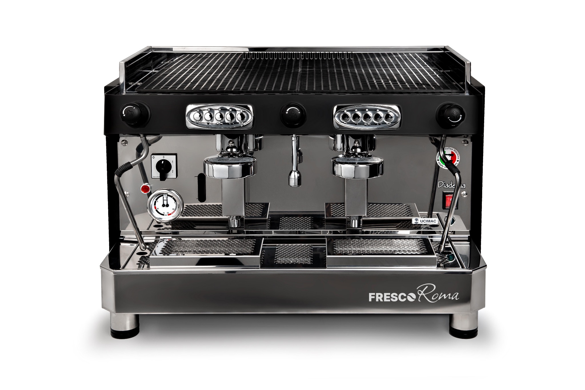 Profesjonalny, dwugrupowy ekspres do kawy Fresco Roma Diade'a z chromowanymi elementami i manometrem, na białym tle, z widocznym logo UciMac.