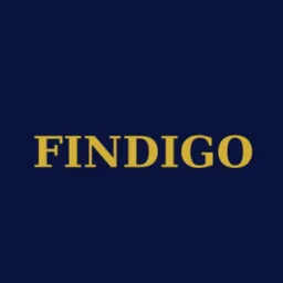 Logo 'FINDIGO' w kolorze złotym na ciemnoniebieskim tle. Prosty, elegancki font bezszeryfowy.