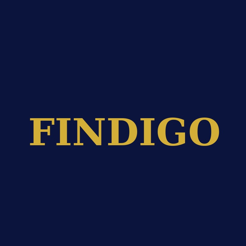 Logo 'FINDIGO' w kolorze złotym na ciemnoniebieskim tle. Prosty, elegancki font bezszeryfowy.