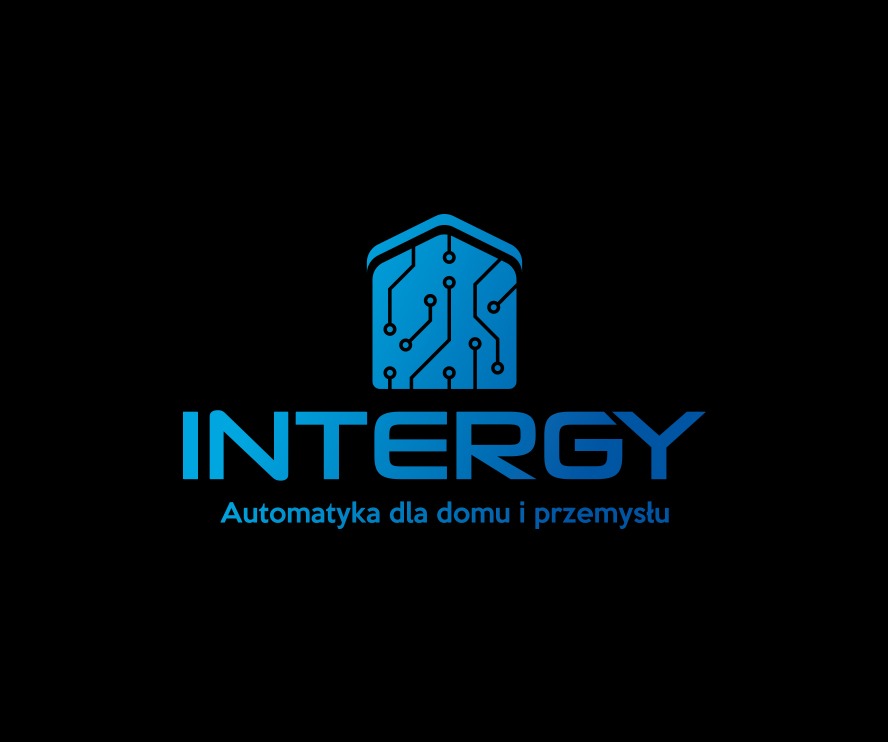 Niebieskie logo firmy Intergy na czarnym tle, przedstawiające dom z obwodem elektrycznym i napis 'Automatyka dla domu i przemysłu'.