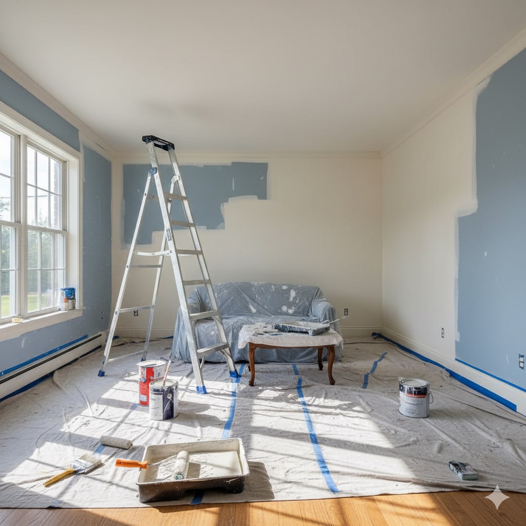 Pokój w trakcie malowania na jasny błękit. Widoczne zabezpieczenia, drabina, farby i narzędzia malarskie. Częściowo pomalowane ściany i okno.