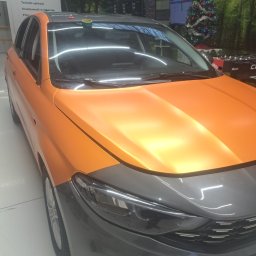 AUTO WRAPS ŁUKASZ PACZKOWSKI - Oklejony na pomarańczowo samochód z szarym przodem, detale oklejenia zabezpieczone taśmą. W tle choinka i grafika lasu.