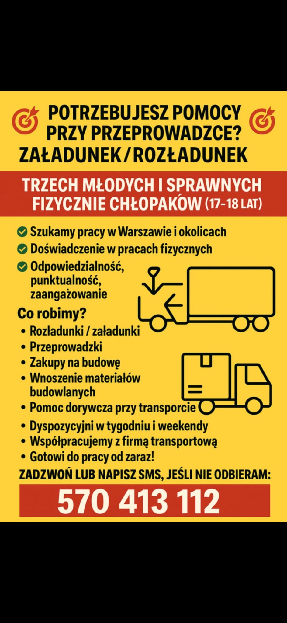 Żółty baner reklamowy z ofertą pomocy przy przeprowadzkach, załadunku i rozładunku. Grafika przedstawia ciężarówki i listę oferowanych usług. Numer telefonu kontaktowego.