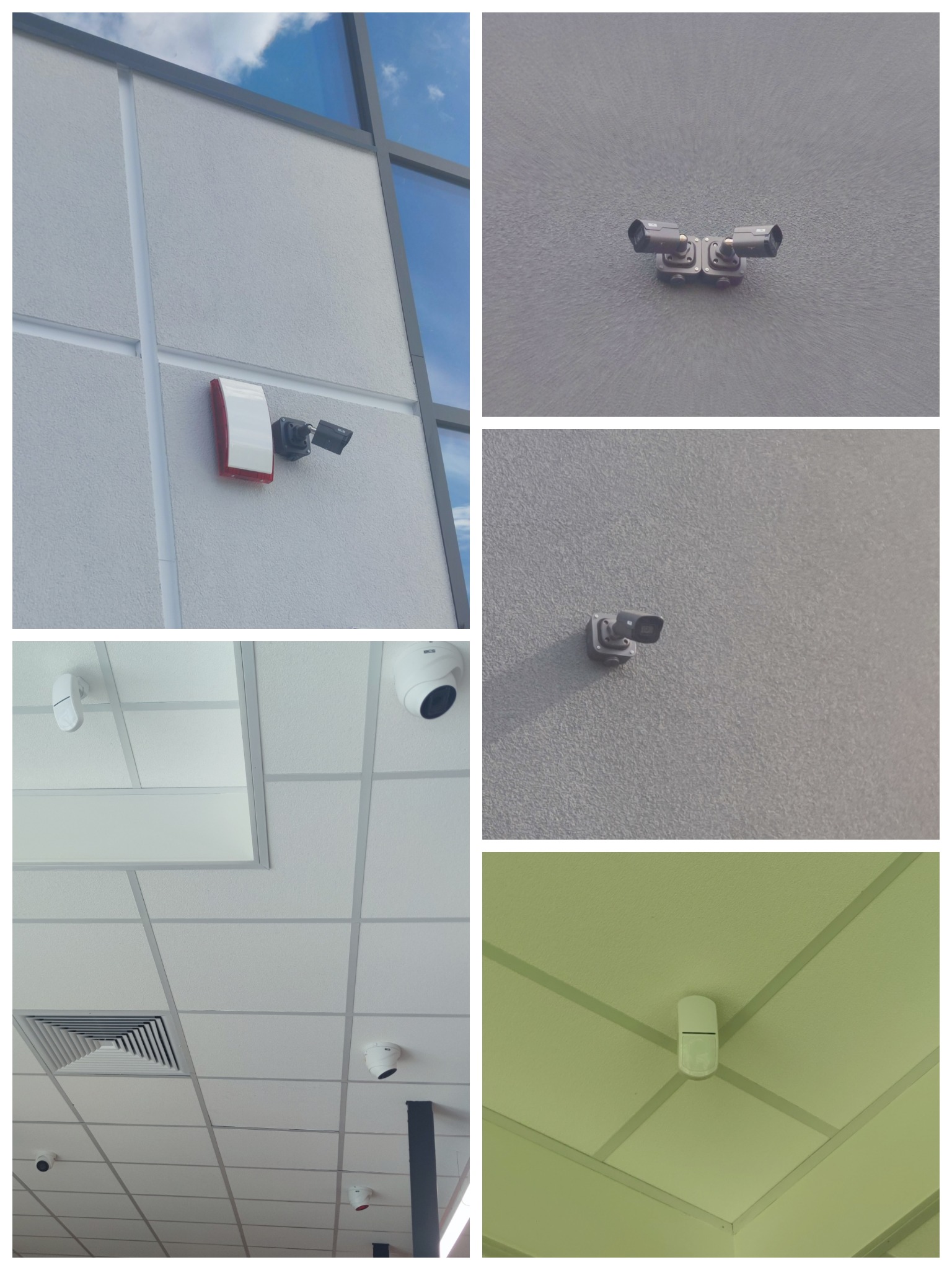 Montaż systemów alarmowych: kamery CCTV na ścianie budynku i czujniki ruchu na suficie podwieszanym. Zabezpieczenia wewnątrz i na zewnątrz obiektu.